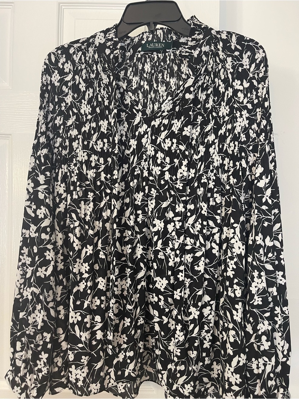 Lauren Ralph Lauren Black and White Floral Pleated Blouse